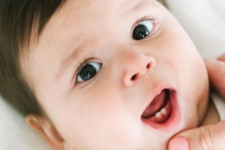 up close view of teething baby showing new bottom teeth looking at the camera